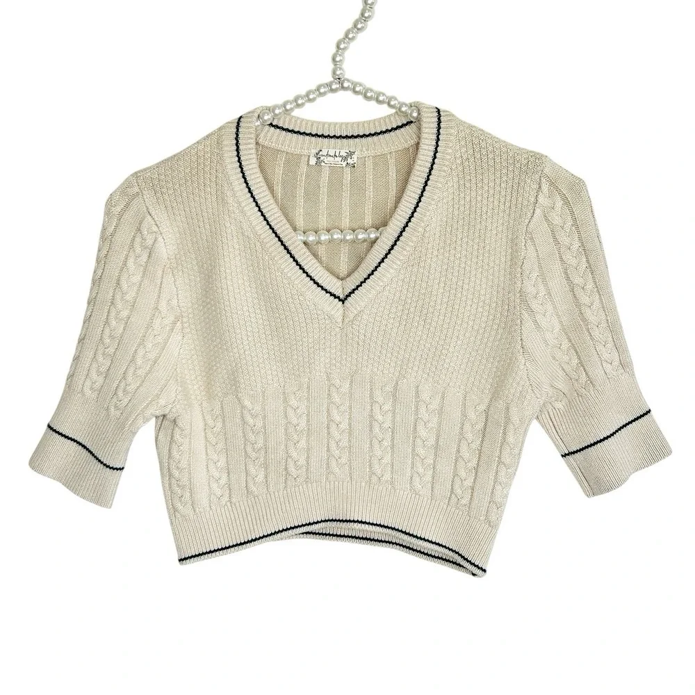 Free People Catch Your Eye Swit Sweater Small Preppy Cropped Cable Knit V Neck‎